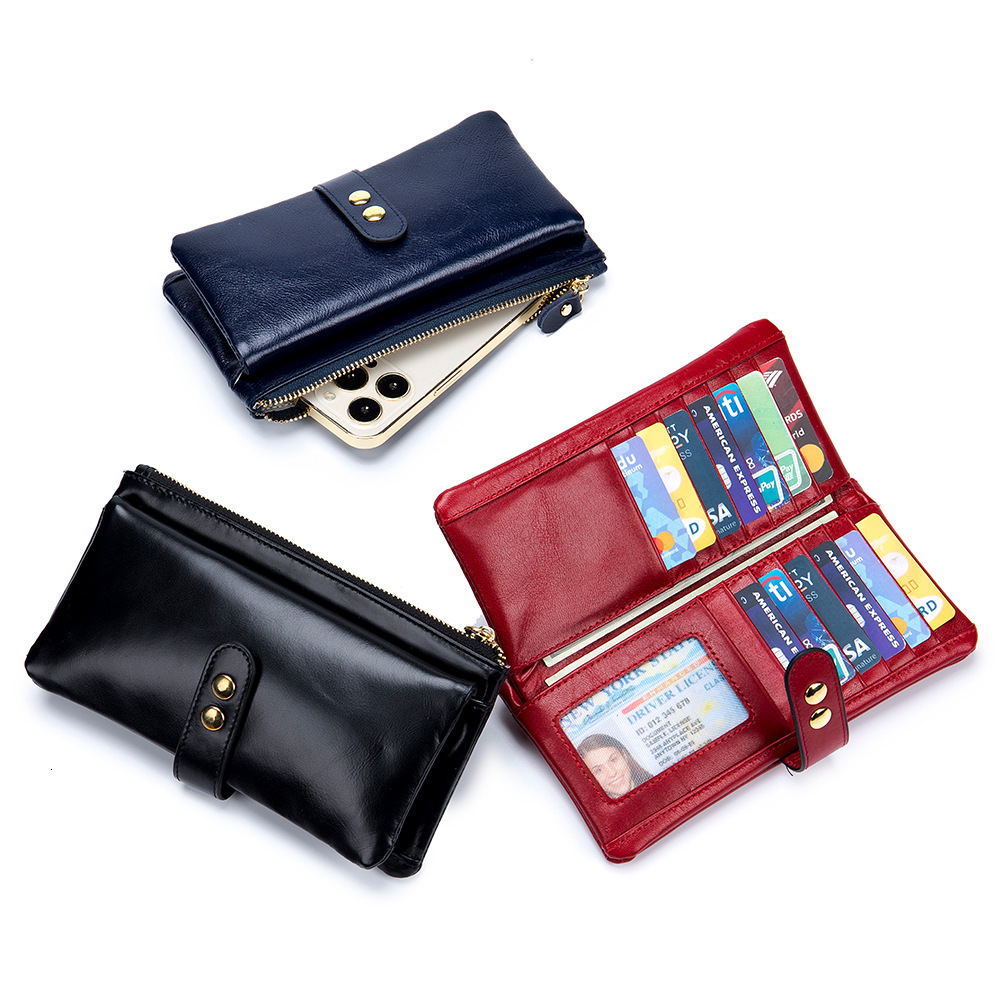 Free Shipping Designer Wallet Oil Wax Long Genuine Leather Multi-card Slot Card Holder Cowhide Multi-function Wallet Phone Bag Fashionable Handbag