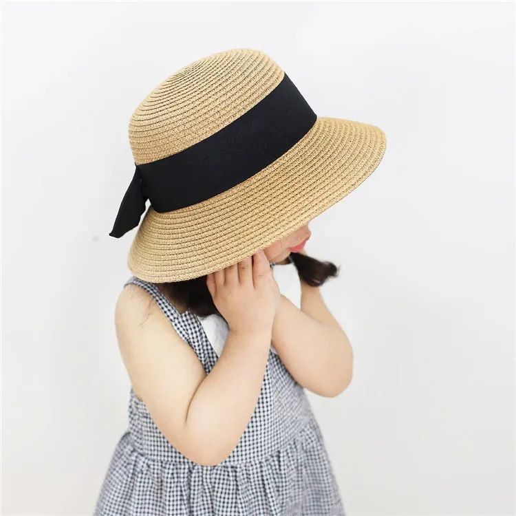 Spring Summer Mother Daughter Straw Plaited Bucket Hat Cap Beach Holiday Round Top Outdoor Bow Sunhat Kids Girls Hats and Caps 250528