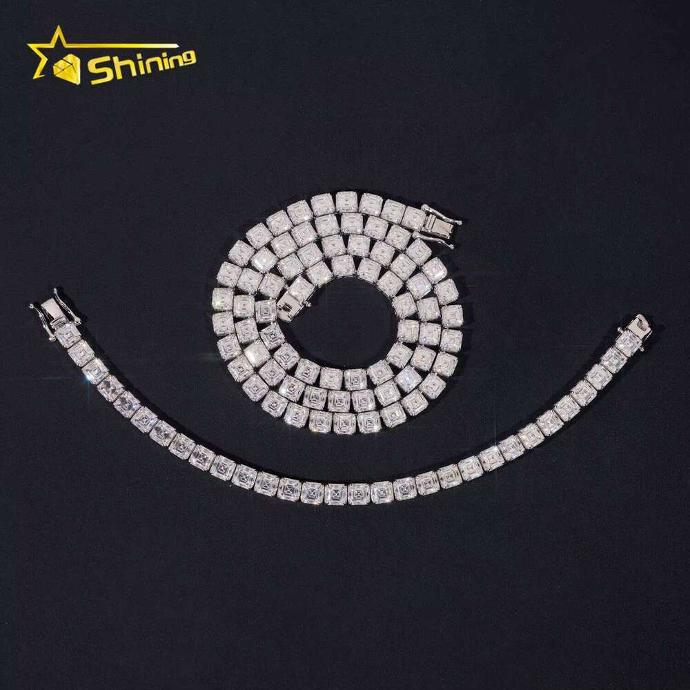 Gra Certified Hip Hop Jewelry Sterling Sier Asscher Cut 5.5mm Necklace Iced Out Moissanite Dia Tennis Chain Bracelet