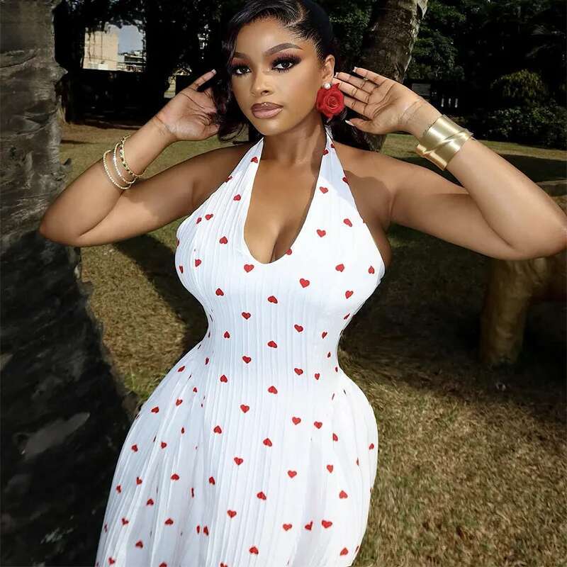Women Sweetheart Print Halter Neck Maxi Long Dress 2025 Summer Beach Holiday Birthday Sexy Club Party Evening Dresses