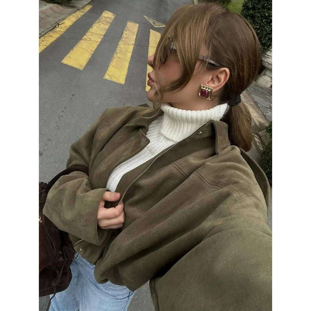 Fashion Women Green Suede Jacket 2025 New Spring Lapel Long Sleeve Zipper Oversize Bomber Coat Chic Female High Street Outerwear