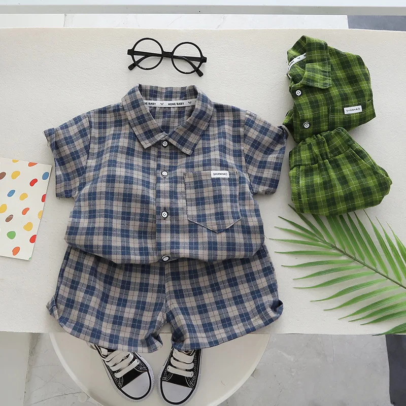 Kids Clothes Baby BoyGirl Plaid TShirt Shorts Set Summer Clothing Fashion Casual Boys Tracksuit Children Set 250528