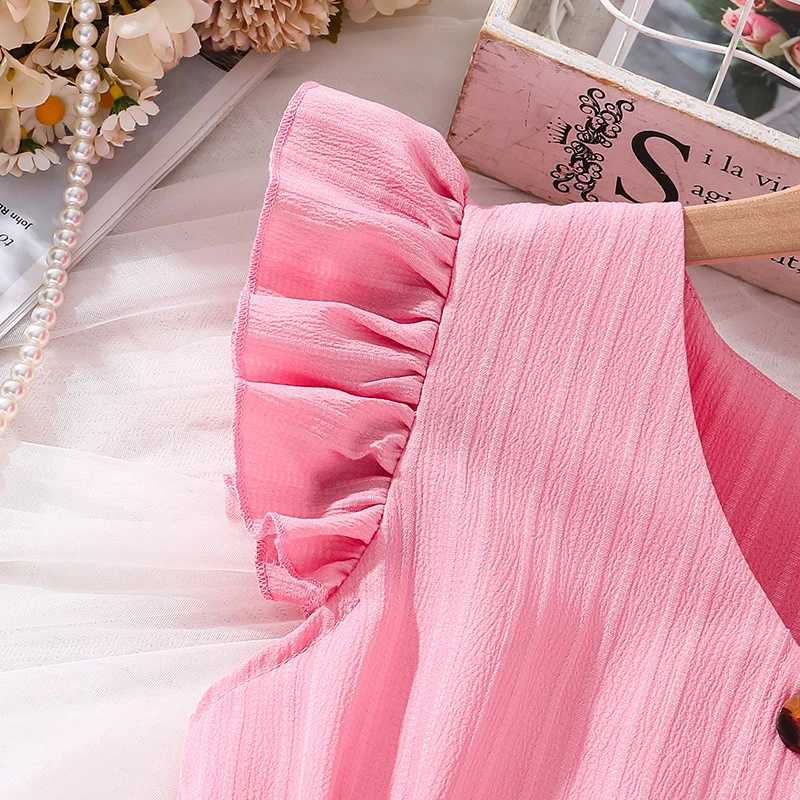 Kids Dresses for Girls 8-12 Years Pink Small Flying Sleeves V-Neck Dress 2024 New Summer Teenager Sweet Casual Daily Dress X250528