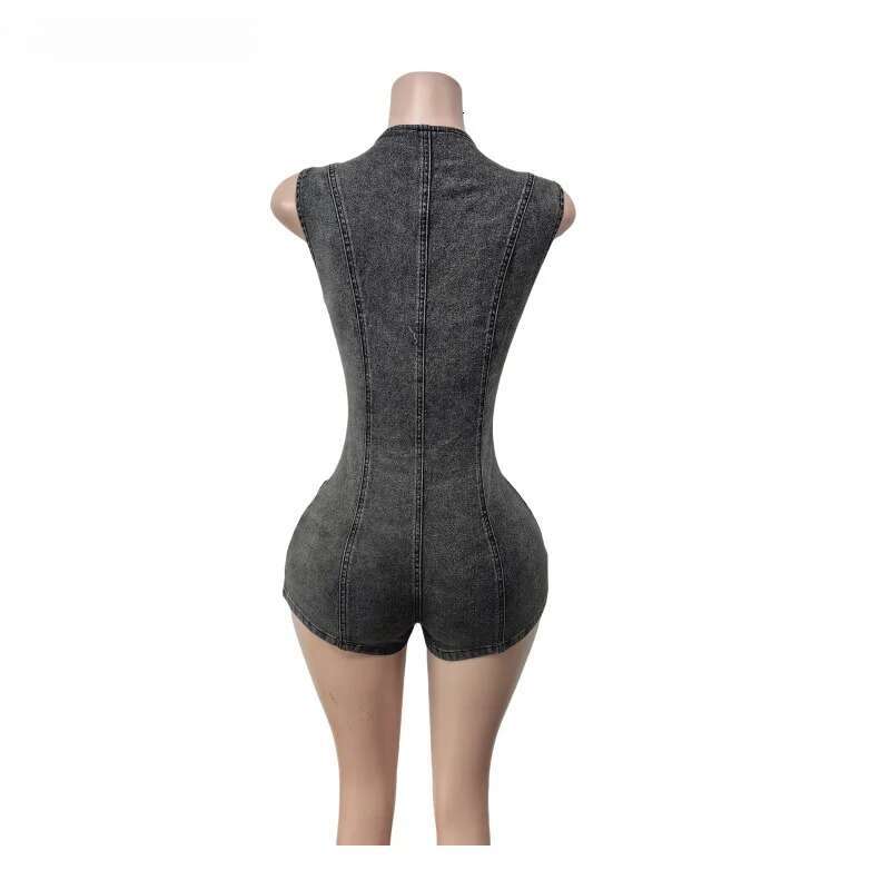 2025 Women V-Neck Sleeveless Denim Short Jumpsuit Playsuits Summer Street Party Pocket Cargo Romper One Piece Playsuit