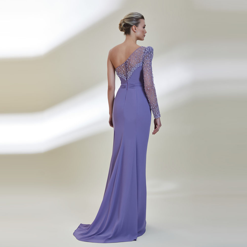 Fabulous One-Shoulder Evening Dresses Beading Pearls Split Show Figure Sexy Prom Dresses Illusion Floor-Length Party Gown