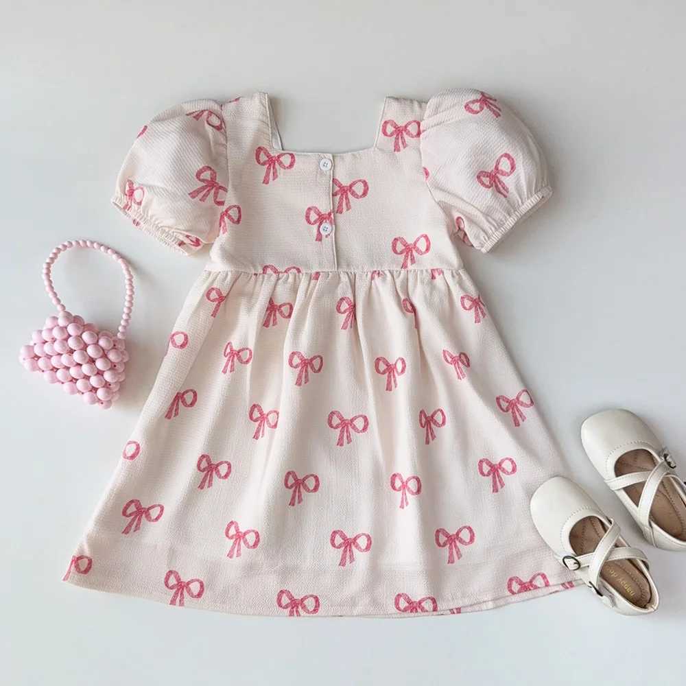 Bear Leader Short Sleeved Girls Clothing Summer New Bow Print Casual Dresses Sweet and Cute Kids Clothes for 3-7 Years Wear X250528