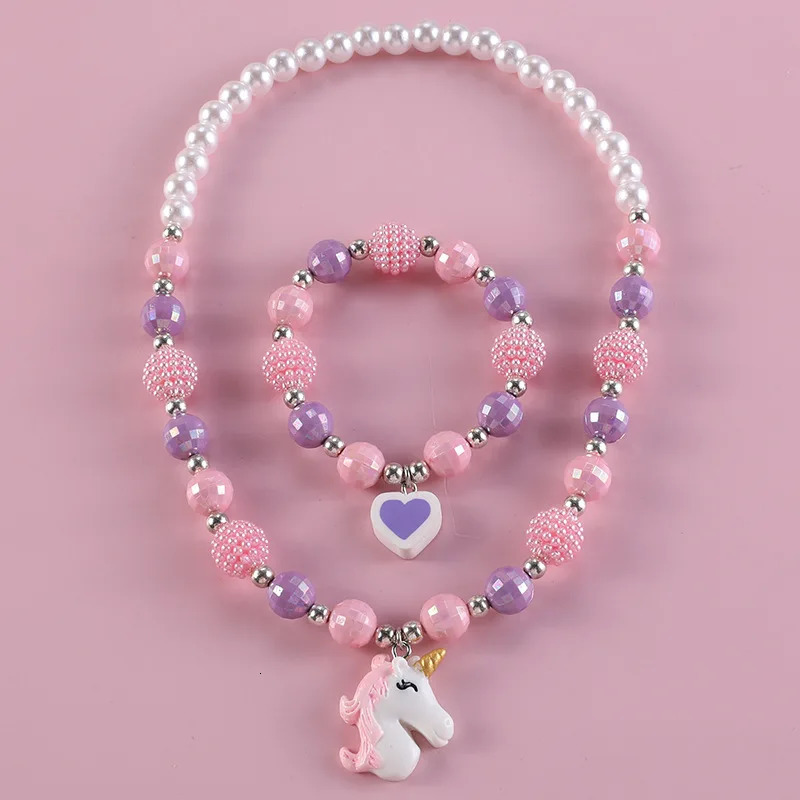 Makersland Children Sweet Necklace Bracelet Set Cute Pendant Pink Purple Beaded Girls Beads DIY Jewelry Wholesale 250519