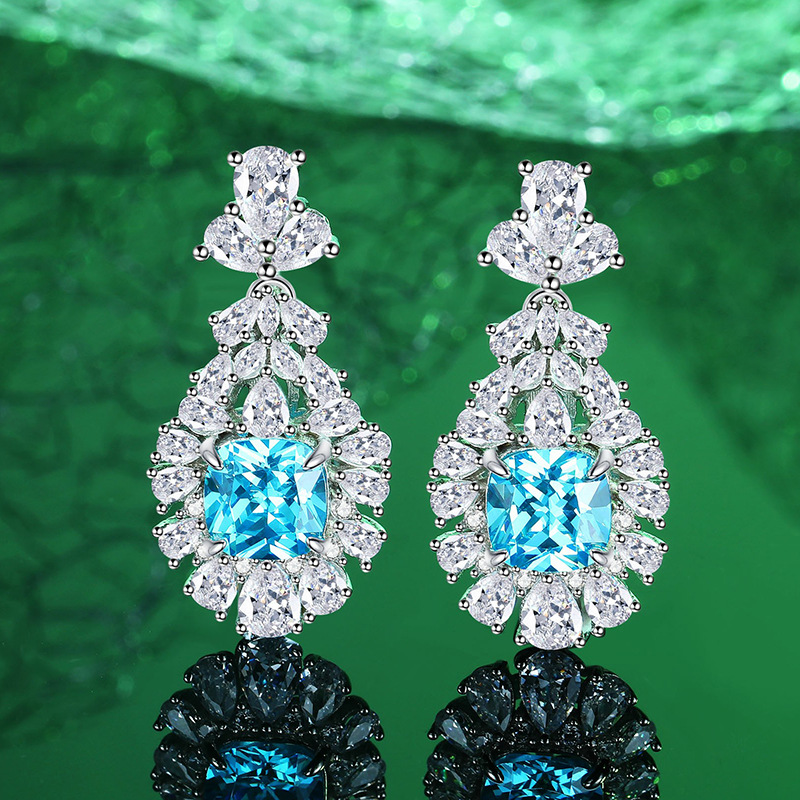 S925 Sterling Silver High-Carbon Diamond Ocean-Blue Square Stone Stud Earrings, Ice Flower Cut Long Drop Earrings, European and American Luxury Women&