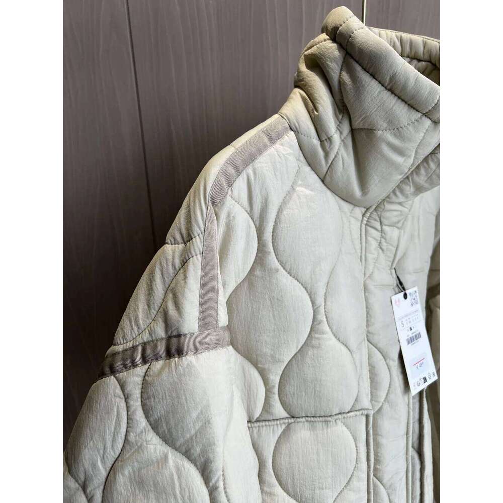 Quilted coat ETJ traf QUILTED JACKET WITH TIES new beige drawstring high neck pocket clip cotton jacket for women