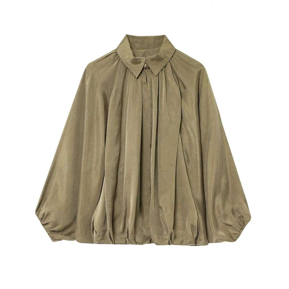 ZBZA Women's Classic Retro Jacket Lapel Long Sleeve Front Zipper Loose Hem Top Spring Summer New Casual Versatile Chic Outerwear
