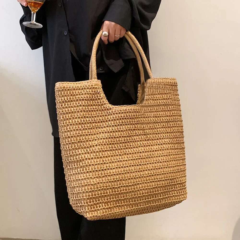 Women Straw Hobo Large Capacity Crochet Beach Zipper Closure Weaving Travel Handbag Ladies Summer Daily Bag