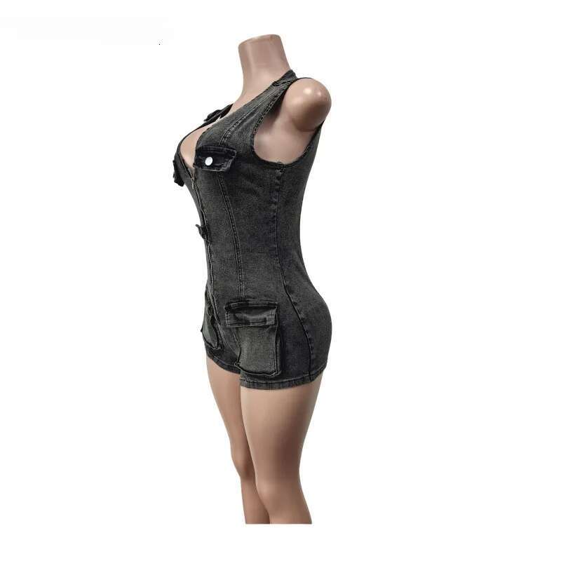 2025 Women V-Neck Sleeveless Denim Short Jumpsuit Playsuits Summer Street Party Pocket Cargo Romper One Piece Playsuit