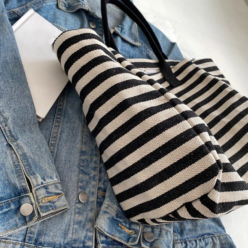 Women Canvas Shoulder Bag Ladies Shopping Bags High Quality Handbags Simple Stripe Tote Books Bag For Girls 250526