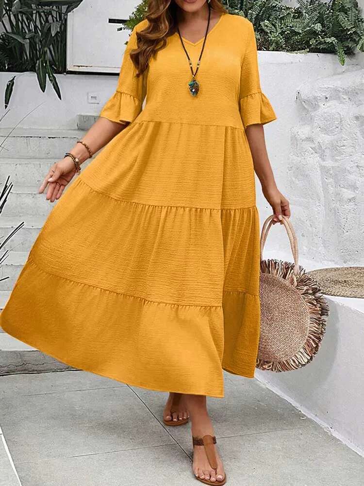 Summer Dresses for Plus Size Women Solid Color Bohemian Dress Maxi Elegant Fashion Fit and Flare Dresses Wholesale Dropshipping