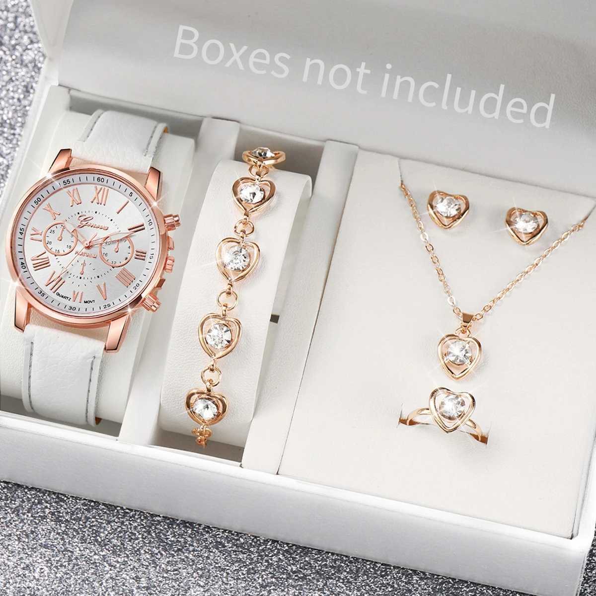 5/6PCS Fashion Womens Quartz Watch Leather Band Analog Wrist Watches Heart Rhinestone Jewelry Set(Without Box) XJ250527