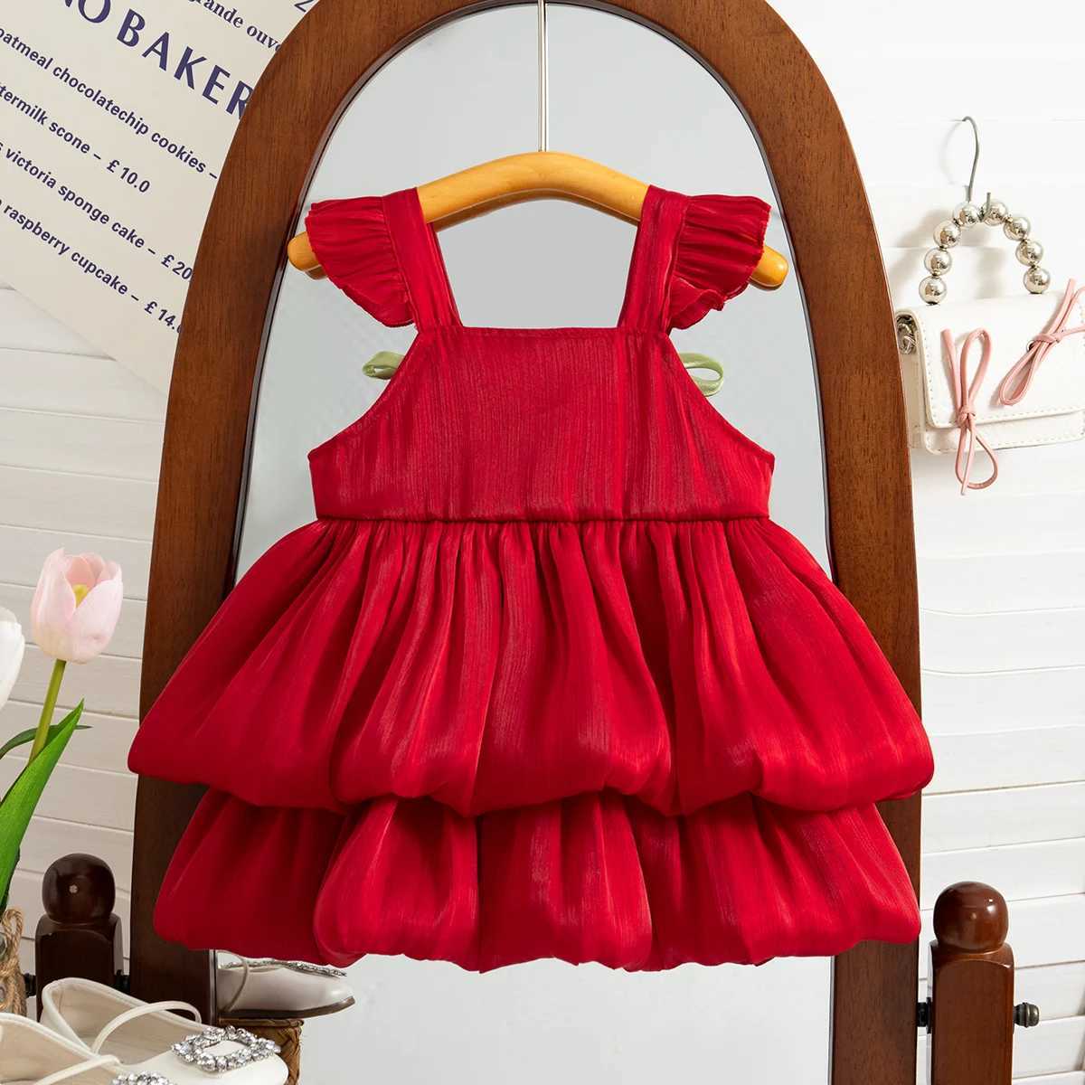 Summer New Style Two Tulip Suspender Flower Bud Skirt For Girls Aged 0-3 Double Layered Flying Sleeve Solid Color Dress X250528
