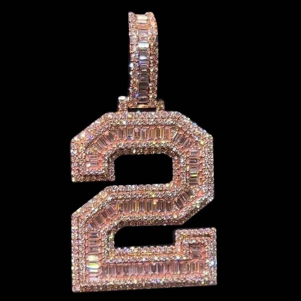 Rose Gold Baguette Letter Hip Hop Jewelry Iced Out Sterling Sier Moissanite Charm Pendant Number