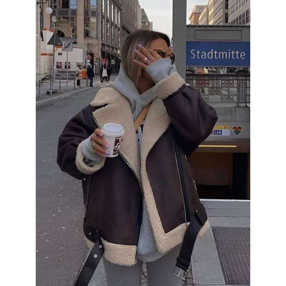 Suninheart Fashion Winter Warm Faux Fur Jacket Women Long Sleeve Moto Biker Zipper Jackets Coat Female Autumn Casual Lapel coat