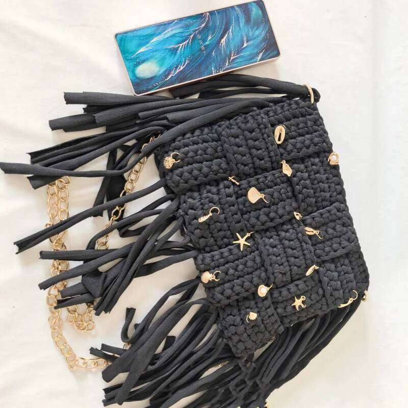 Handmade Crochet women's Shoulder Elegant Sling with Tassel for Ladies New Arrival in Style Trendy black Bag