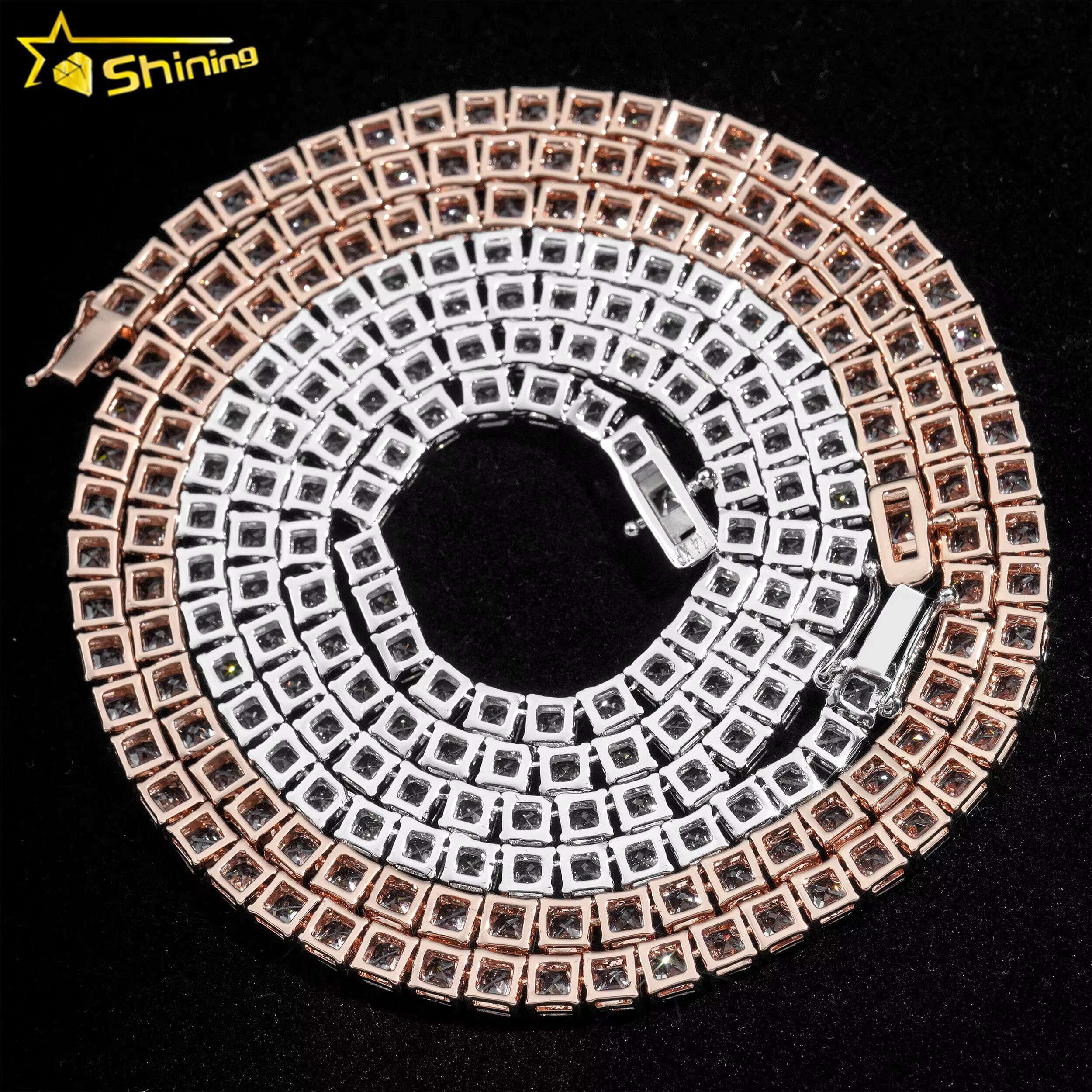 Luxury Bling 925 Sterling Silver Hip Hop Necklace 4mm Asscher Cut Diamond Tennis Chain Moissanite Tennis Necklace