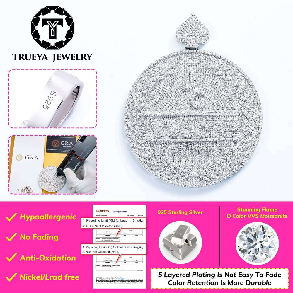 Factory Custom Design Men's Sterling Sier Bling Mossanite Hip Hop Jewelry Round Iced Out Vvs Moissanite Pendant for Chain