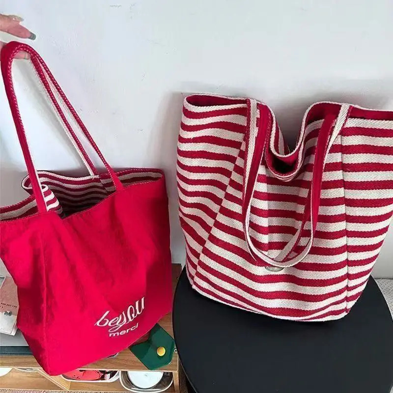 striped canvas bag Korean style AB double-sided large capacity shoulder bag tote bag lazy casual commuting 250526