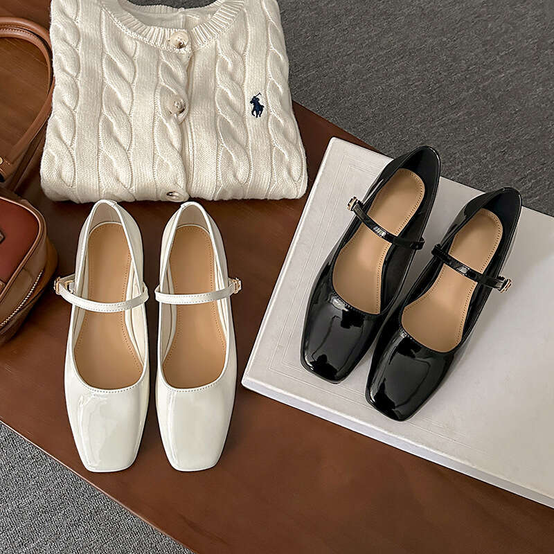 Cowhide Version French Mary Jane for Women, Autumn Square Toe Shallow Mouth Chunky Heel Single Shoes with One-Strap High Heels