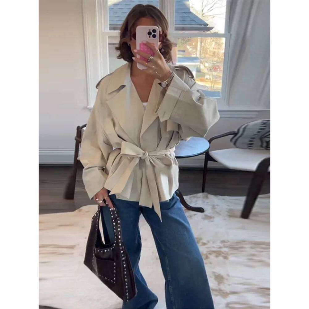 2025 Spring Windbreak Coat Women Chic Lace Up Lapel Full Sleeves Pocket Cropped Jacket Lady Casual Drop Shoulder Commute Outwear