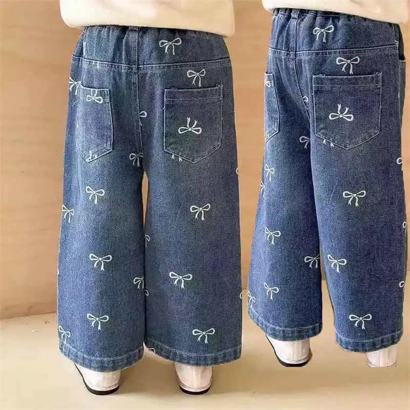 Spring Girls Jeans Children Bow Sweet Pants Casual Trousers Autumn Kids Loose Fashion Straight 12M6 Years Old 250528
