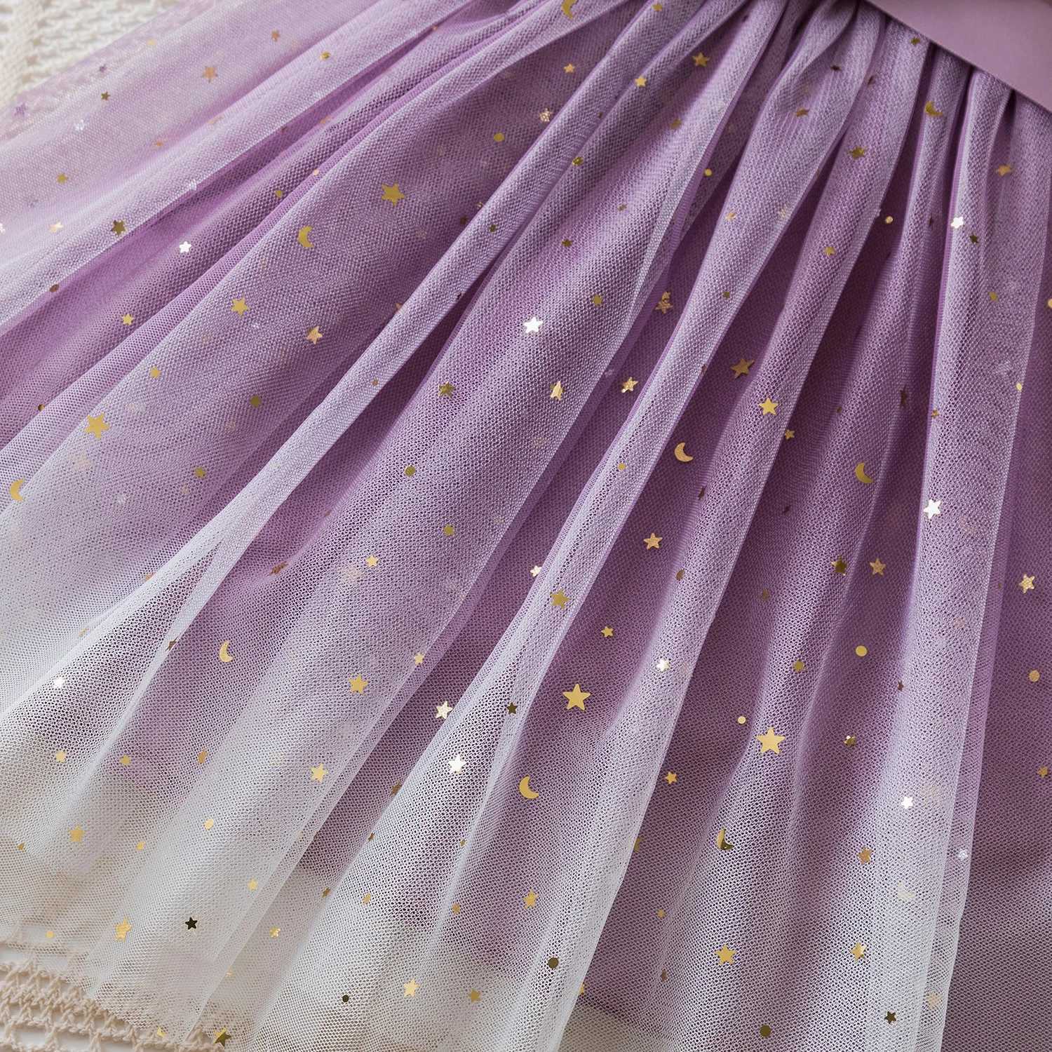 New Childrens Dress for 3-8 Yrs Summer Dress Lotus Leaf Edge Design Bow Lace Up Star Sequin Sweet Tulle Kids Dresses for Girls X250528