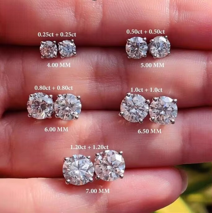 Gold Plated DVVS Moissanite earrings Screw Back Round cut 4 Prong Stud Earrings Sier Hip hop Earring for men and women