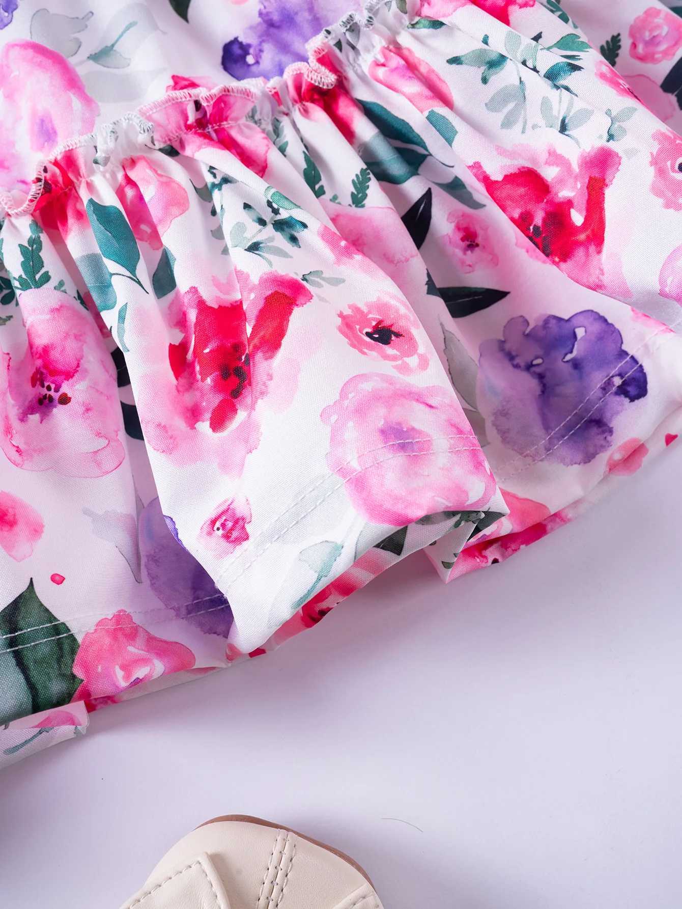 1 - 7 Y Baby Girls Sweet Floral Dress with Ruffled Sleeves Smocked Waist - Perfect for Party Summer Wear for Kids Girl Dress X250528