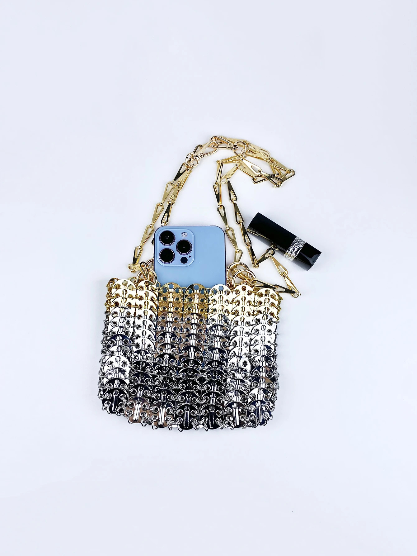 Niche aluminum handmade bag with gold and silver color matching metal chain sequin bag trendy underarm bag 250526