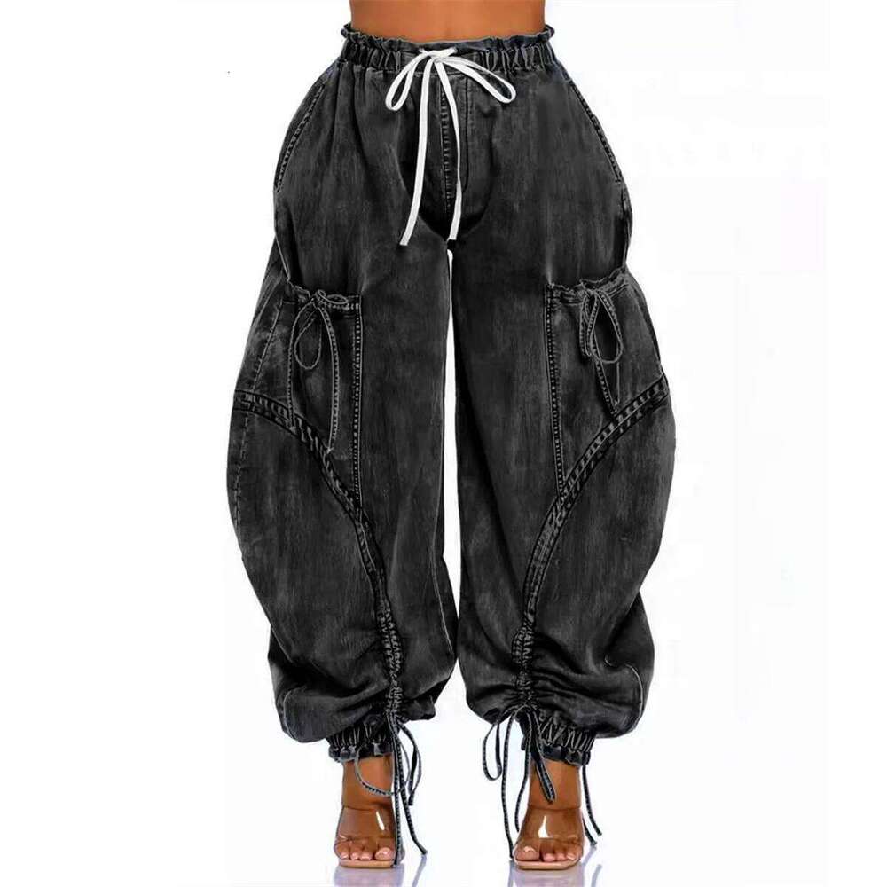 Women Streetwear Drawstring Fashion Fly Denim Pants 2024 Autumn Loose Safari Style Cargo Harem Hip Hop Jeans