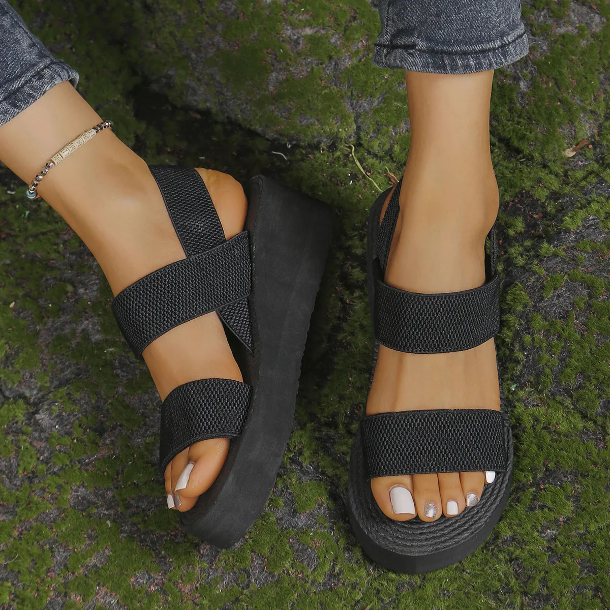 1pair Womens Minimalist Wedge Sandals Open Toe Thick Soled Platform Casual Sandals Ankle Strap Slingback Sandalias Solid Color 250519