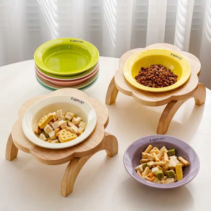 Ceramic Cat Bowl with Elevated Wooden Stand Protection Cervical Spine Puppy Feeding Bowl Drink Water Bowl Pet Supplies Y250528