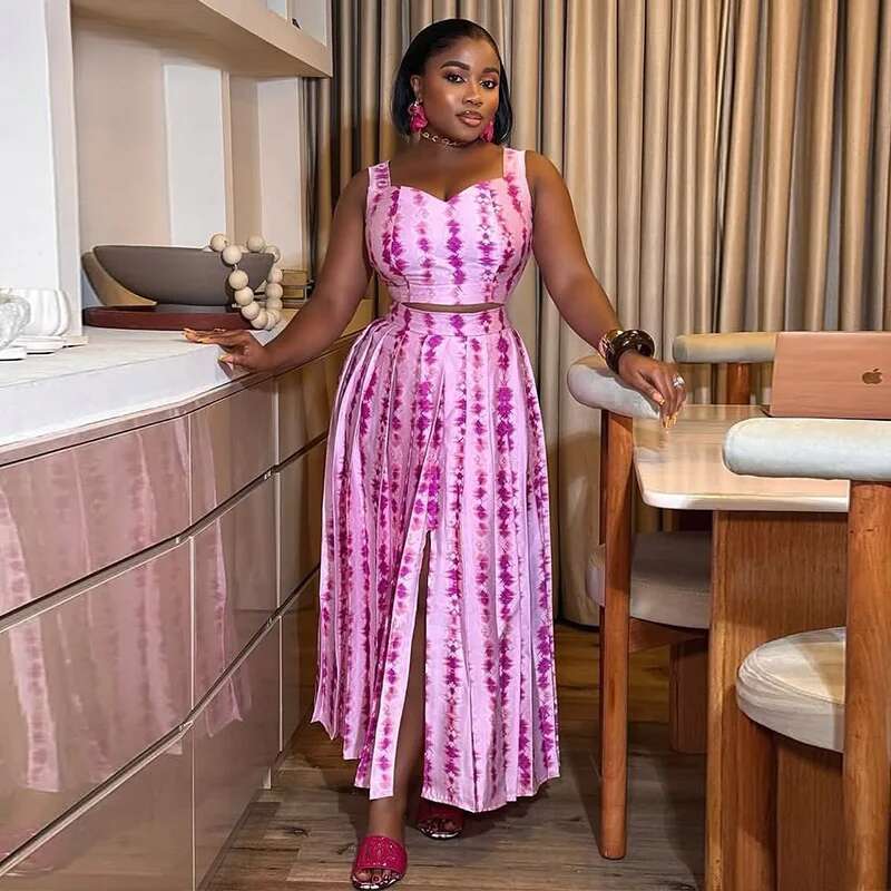 Women's Dress Print Sleeveless Strap Crop Tops And Pleated Skirts Suit Elegant Party Beach Two 2 Piece Set Outfits