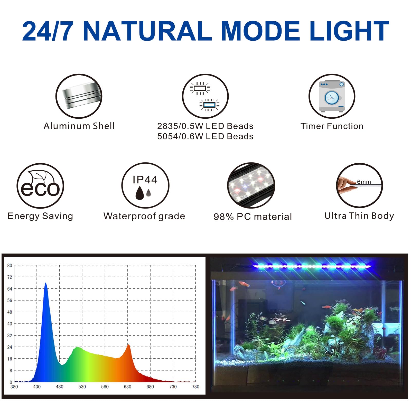 Aquarium LED Light 24"-32" with Timer, 24/7 Cycle, 5 Dimmable Brightness, Sunrise/Sunset Simulation for 10/20/30/55 Gallon Fish Tank