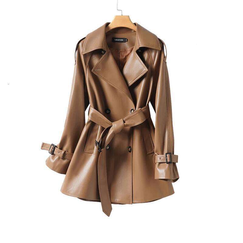 Genuine Leather Trench Autumn Winter Women's Double Breasted Sheepskin Mid Length Coat With Belt Ladies Overcoat Outerwear