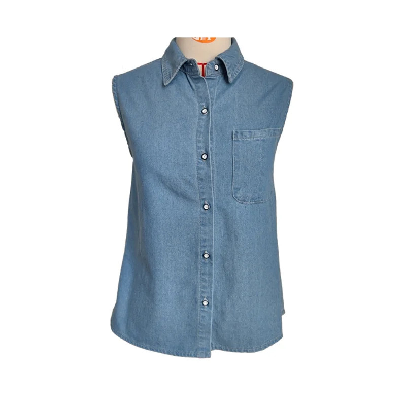 Women Bust Patchwork Single Pocket Shirt Lapel Sleeveless Single-breasted Cardigan Blouse Female Summer Thin Denim Tops Vest 250523