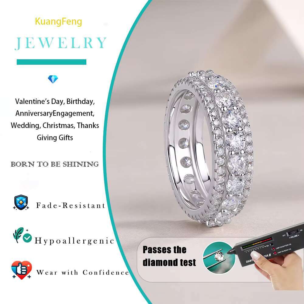 2.572CTW Full Eternity Moissanite Ring 925 Sterling Silver 18K Gold Plated 3 Row Sparkling Band Jewelry for Women Wedding Ring