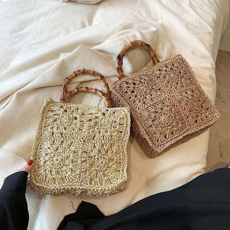 Hollow Crochet Beach Bags For Women Bamboo Handle Women's Handbags Paper Rope Knitting Clutch Bohemian Travel Tote Square Purse