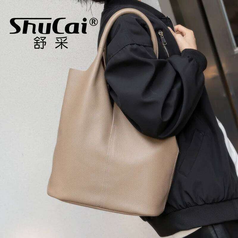 Genuine Commuter Women Bucket Bag Niche Simple Ladies Soft Leather Tote Shoulder Handbag Large Capacity 2025 New