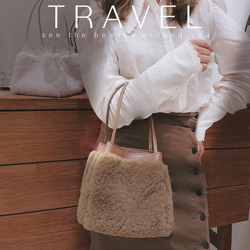 for Women New Genuine Leather Plush Niche Cute Lamb Wool Bucket Autumn Winter Fashion Handbag Shoulder Bag