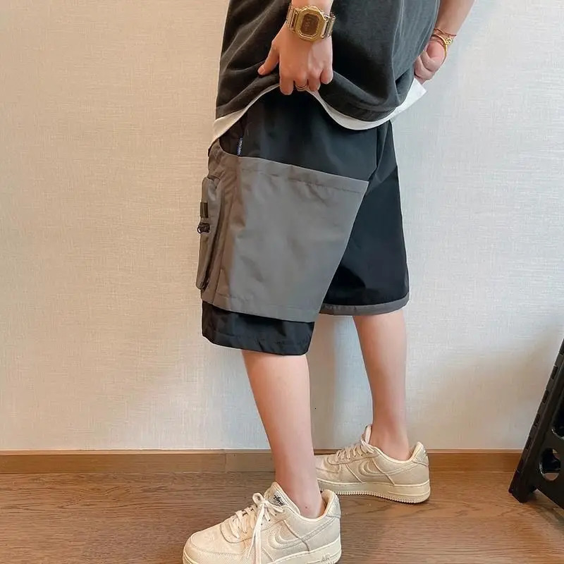 Black and Gray Splicing Versatile Fake Two-piece Pocket Mens Summer High Street Workwear Casual Shorts 250523