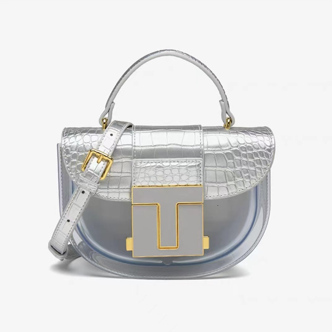 Top Brand High Quality New 2025 New Crocodile Pattern Women's Bag Patchwork Transparent Shoulder Handbag Crossbody Saddle Bag New Free Delivery D