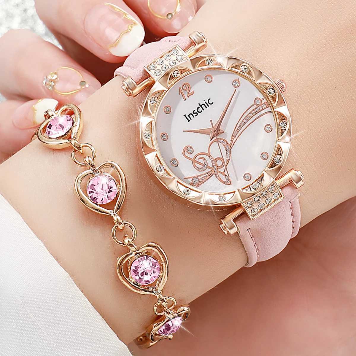 6PCS/Set Fashion Rhinestone Womens Watch Leather Band Analog Quartz Watches Rhinestone Heart Jewelry Set(Without Box) XJ250527