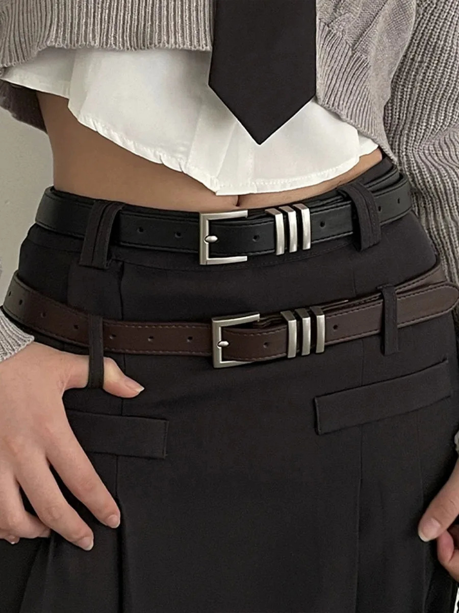 Womens Fashion Leather Black Wide Belt Square Pin Buckle Adjustable Waistband Fashion Fine Lady Jeans Belts Silver Girdle 250523