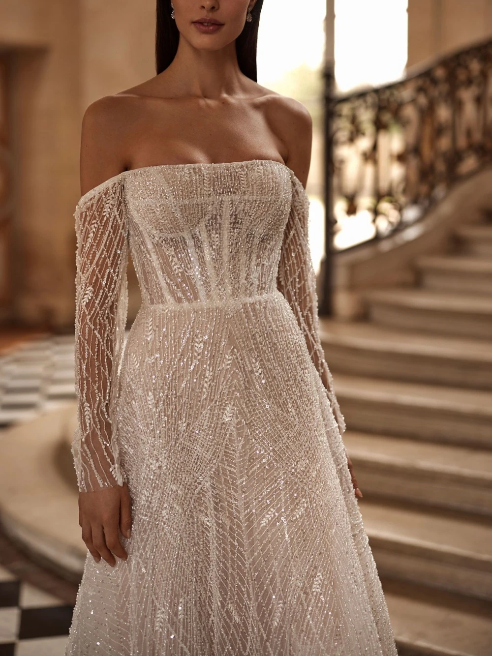 Elegant Wedding Dress For Women Off Shoulder Long Sleeves Bridal Gown Sequins Beaded Sweep Train Dresses Custom Made vestidos de novia