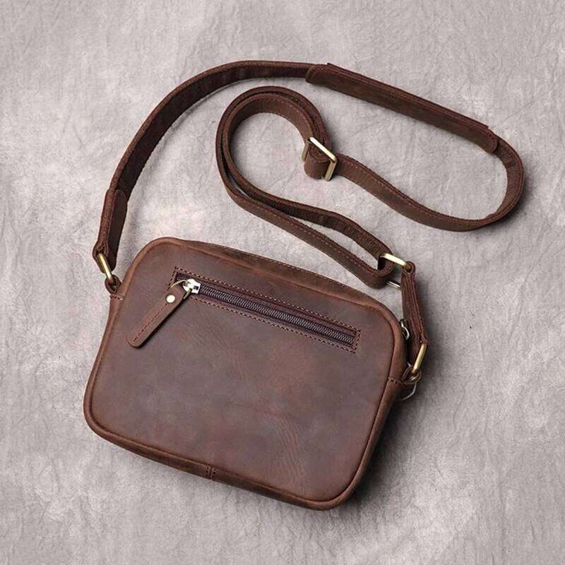 Real Men's Shoulder Vintage Daily Zipper Flap Phone Man Simple Bag Crazy Horse Leather Retro Sling Ba